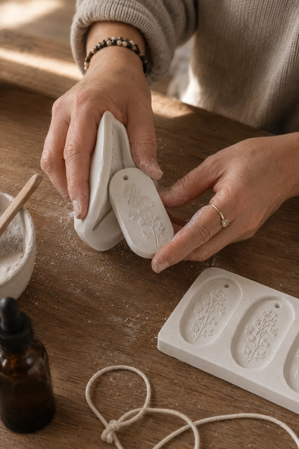 Demolding a freshly cast plaster aroma stone