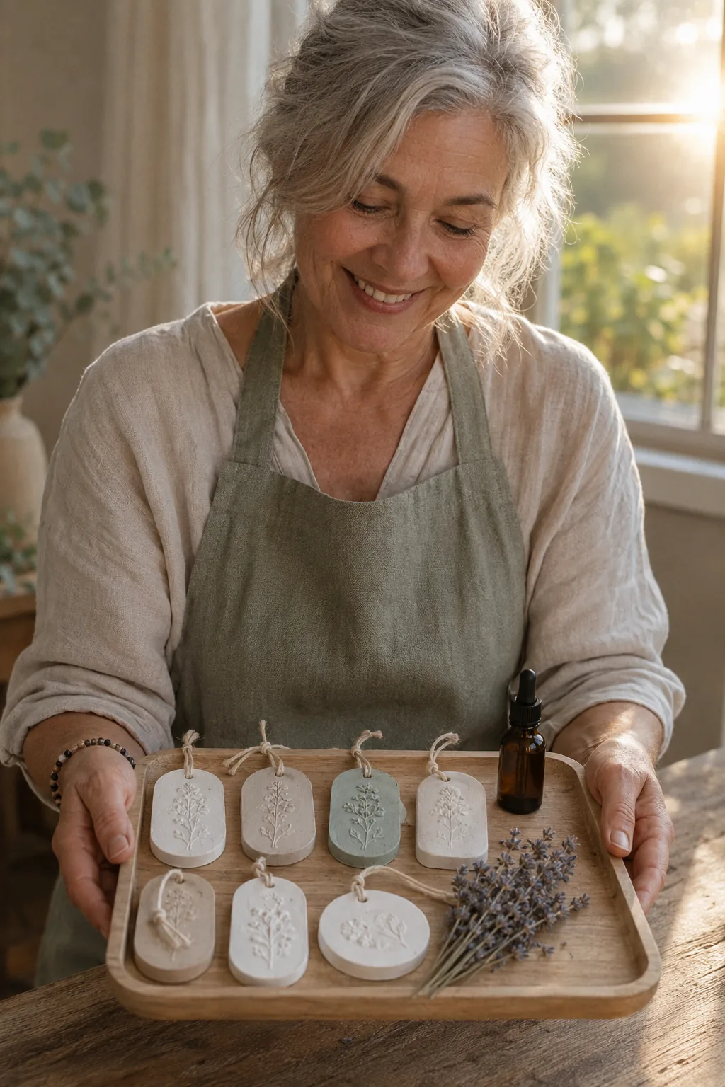 Woman holding a tray of finished aroma stones